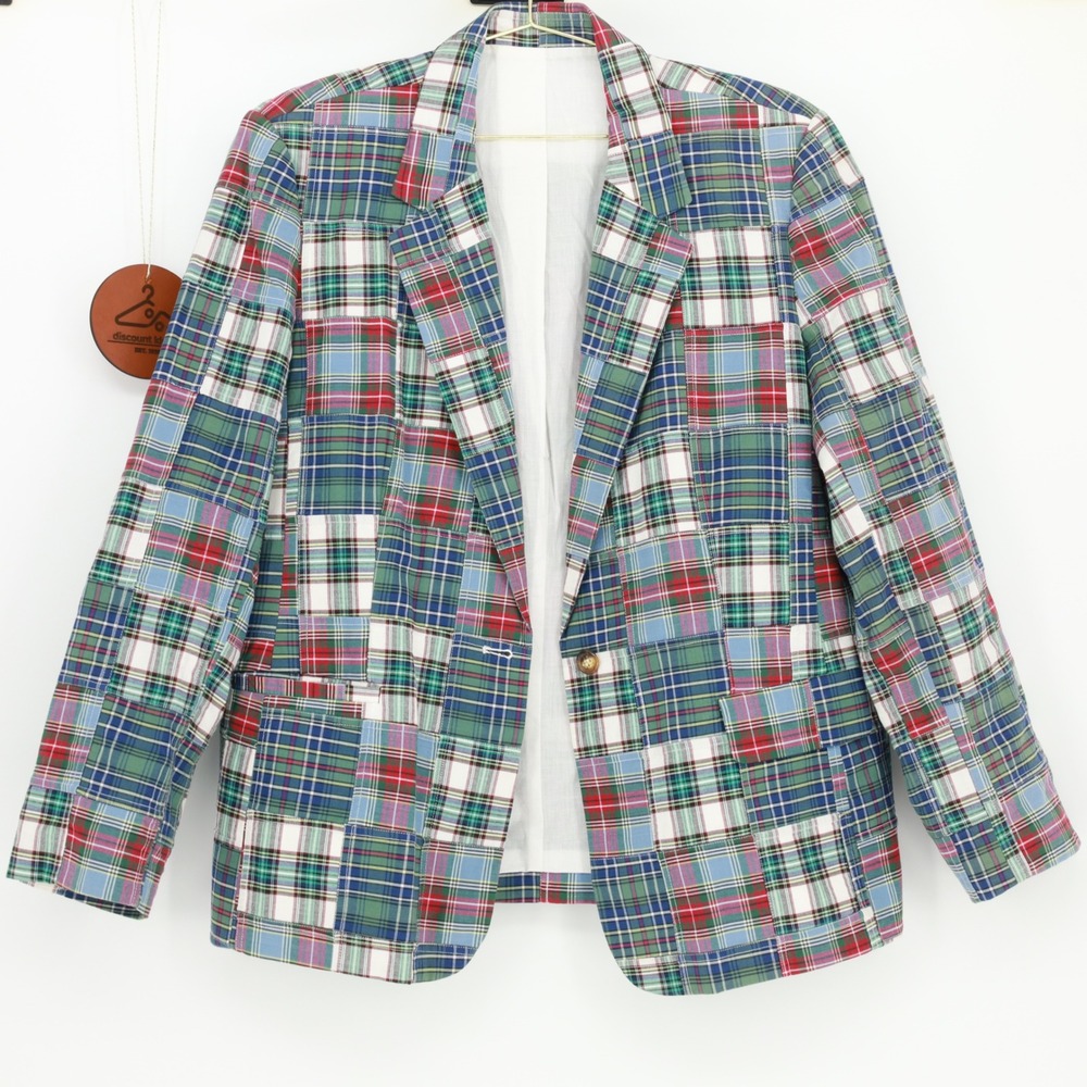 Orvis Patchwork Plaid Cotton Blazer Multi Color Tartan Preppy Jacket Size 20